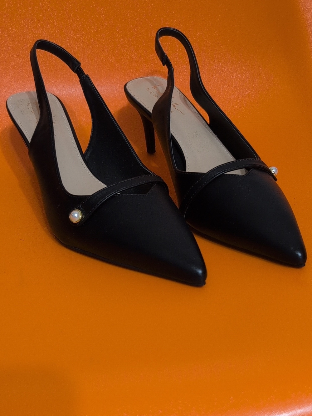 Nicole Miller Black Pointed-Toe Slingback Heels with Pearl Detail